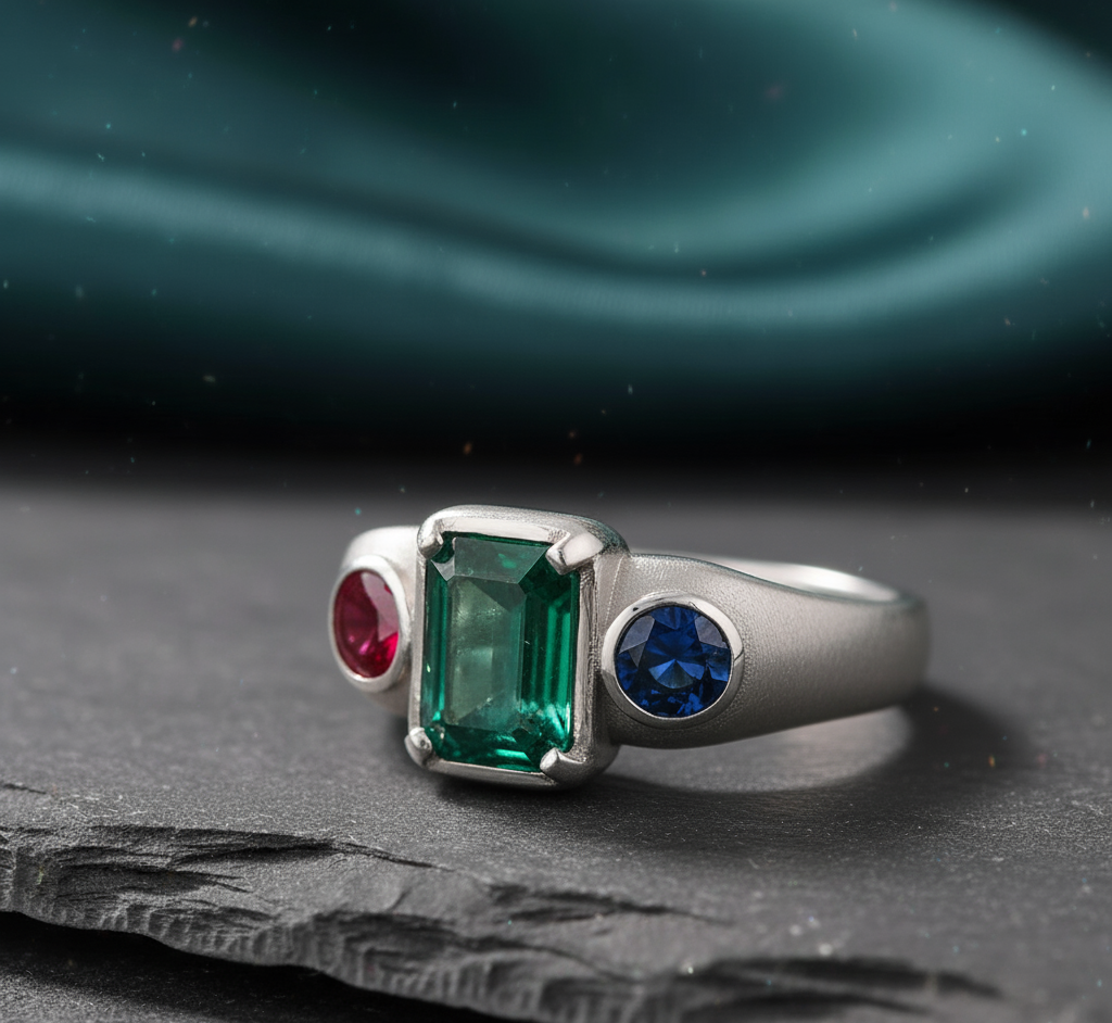 Silver ring with green, red, and blue gemstones on a dark surface
Colombian Emerald 