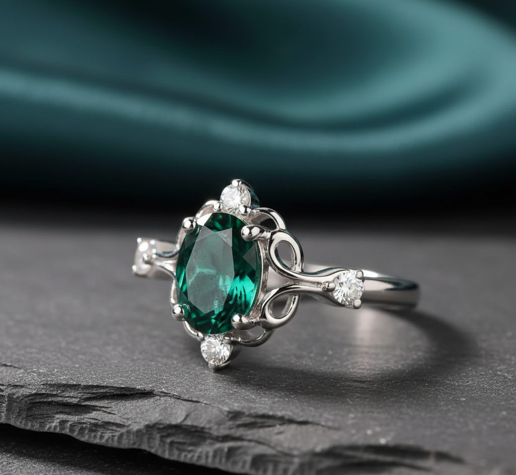 Silver ring with a green gemstone on a dark surface
Colombian Emerald

