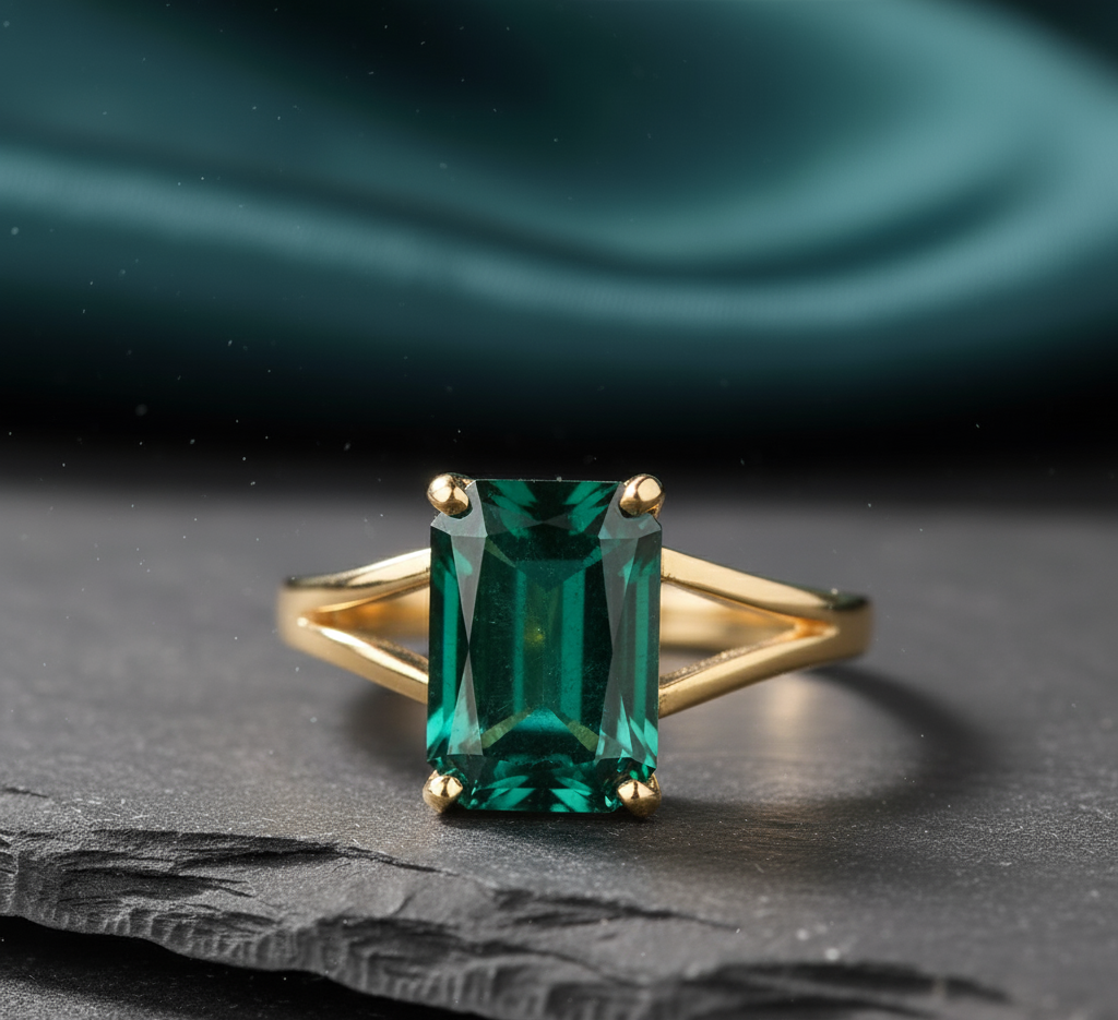 Gold ring with a green gemstone on a dark surface