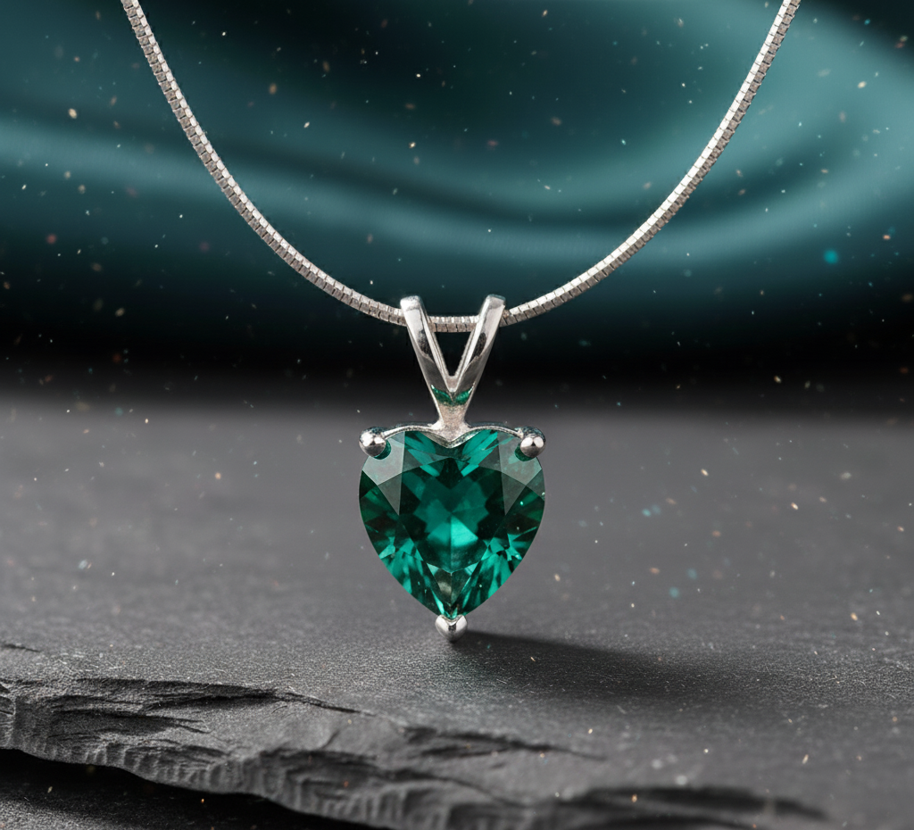Heart-shaped green gemstone pendant on a dark surface with a blurred green background